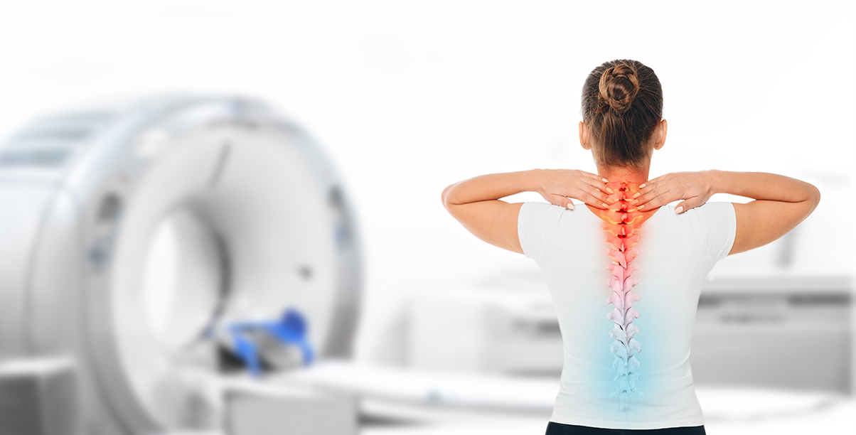 Picture of woman with illustration of spine imposed on her back