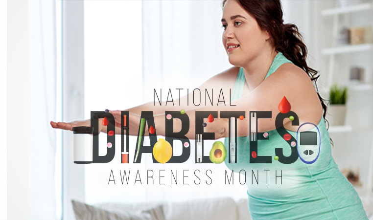 Picture of woman exercising at home with the word DIABETES creatively imposed over her.