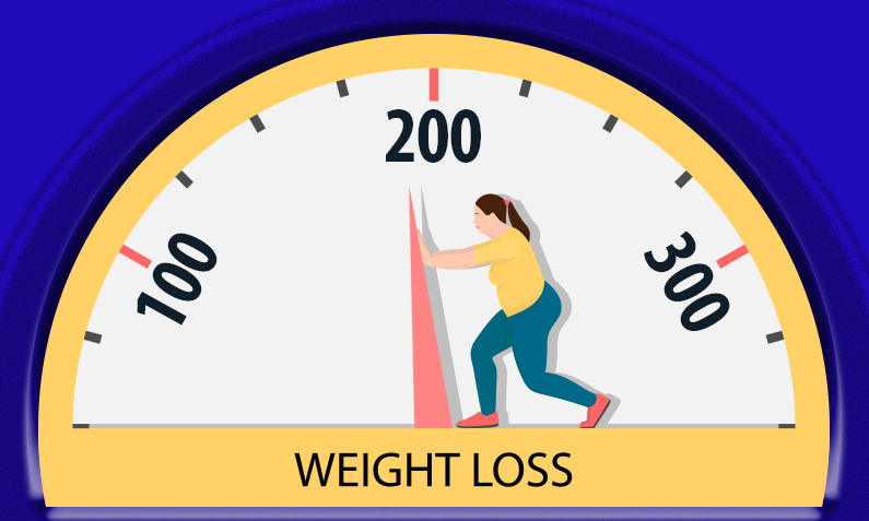 Illustration of woman pushing the needle on a scale showing her weight